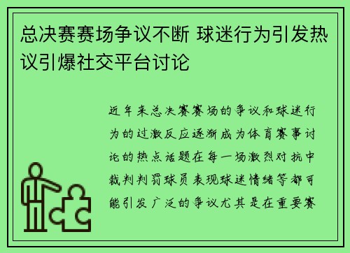 总决赛赛场争议不断 球迷行为引发热议引爆社交平台讨论