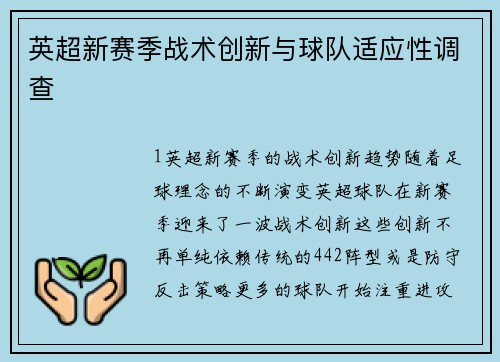 英超新赛季战术创新与球队适应性调查