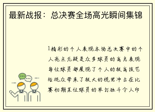 最新战报：总决赛全场高光瞬间集锦