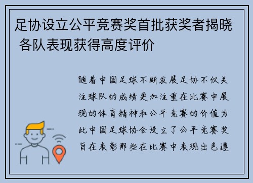 足协设立公平竞赛奖首批获奖者揭晓 各队表现获得高度评价